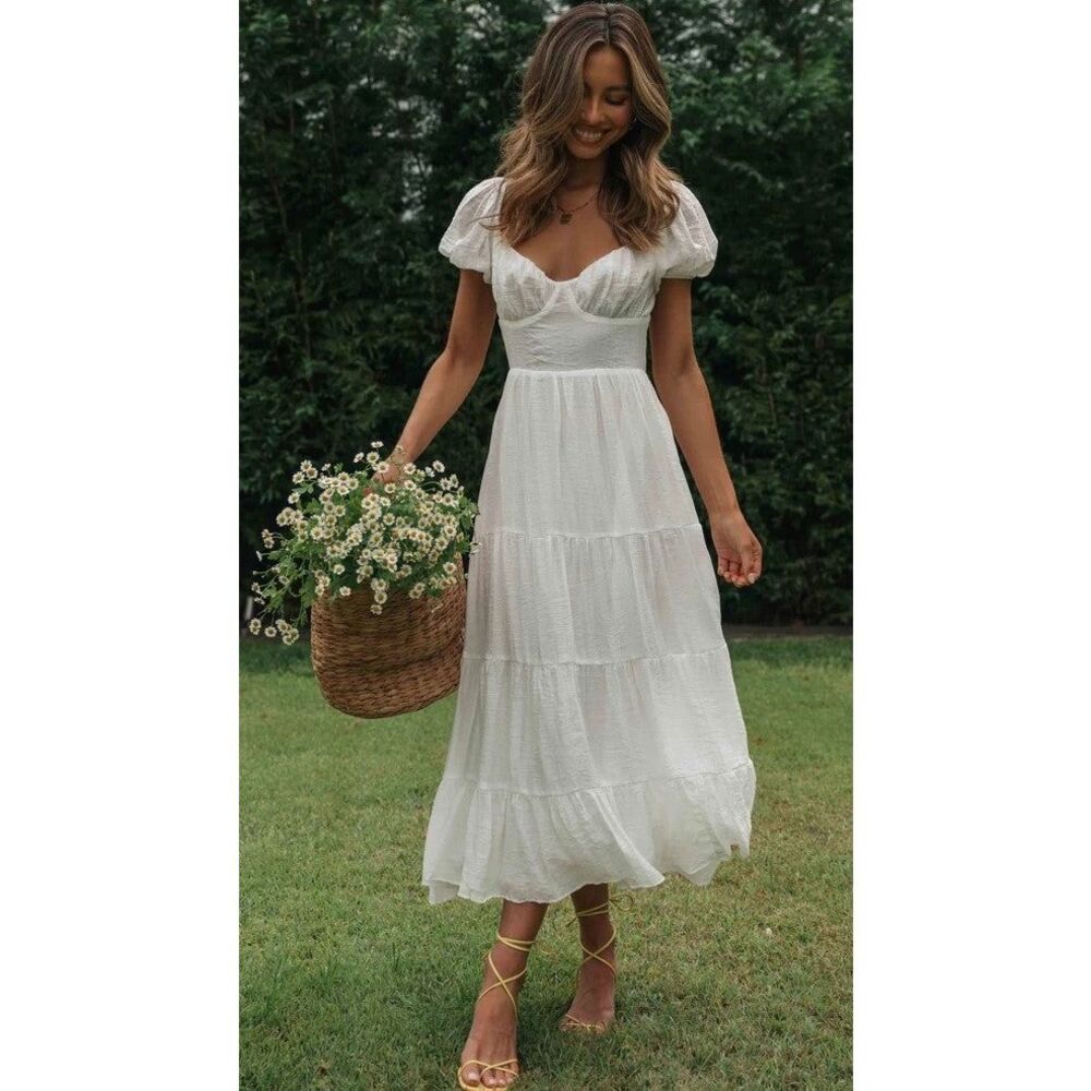 Ivory Puff-Sleeve Tiered Midi Dress